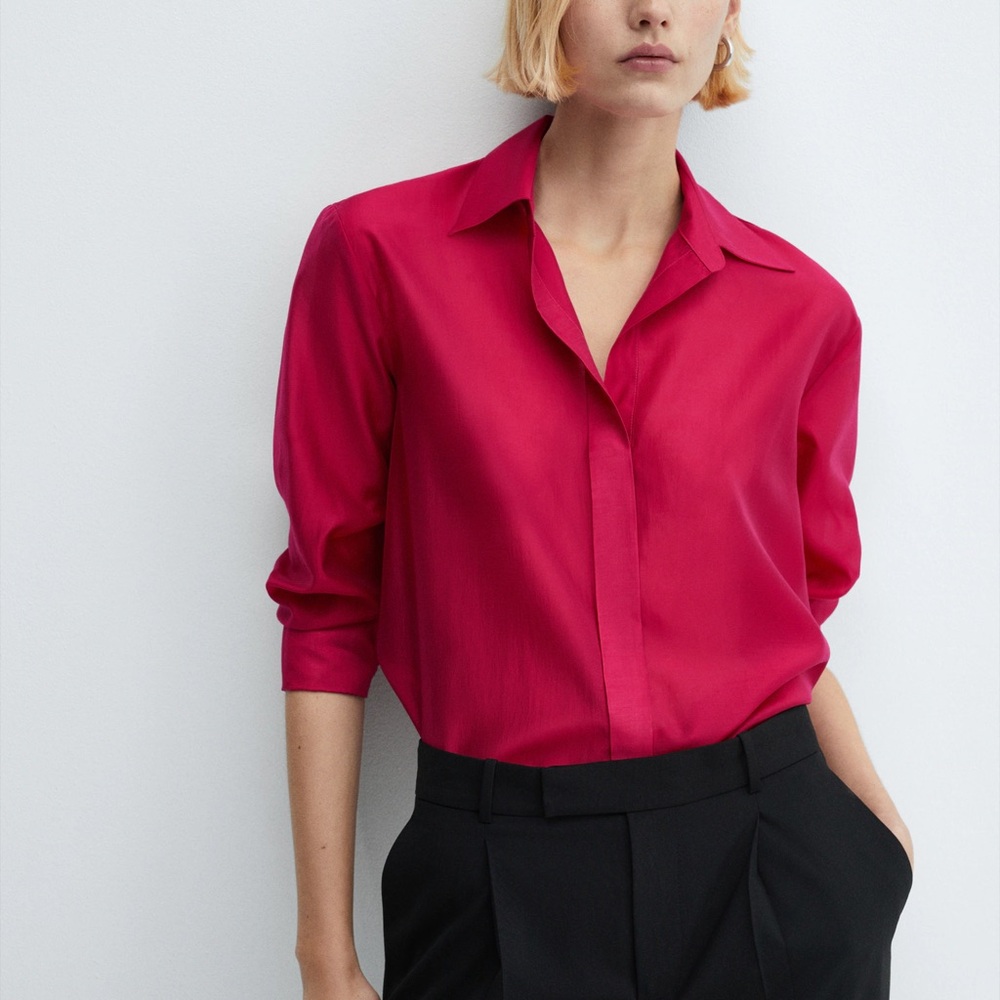 MNG Lyocell Hot Pink Concealed Button Down Shirt Womens Top